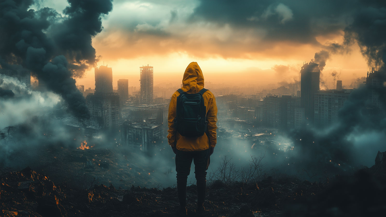 A member of Gen Z seeks shelter and safety with burning burning buildings and smoke surrounding them.