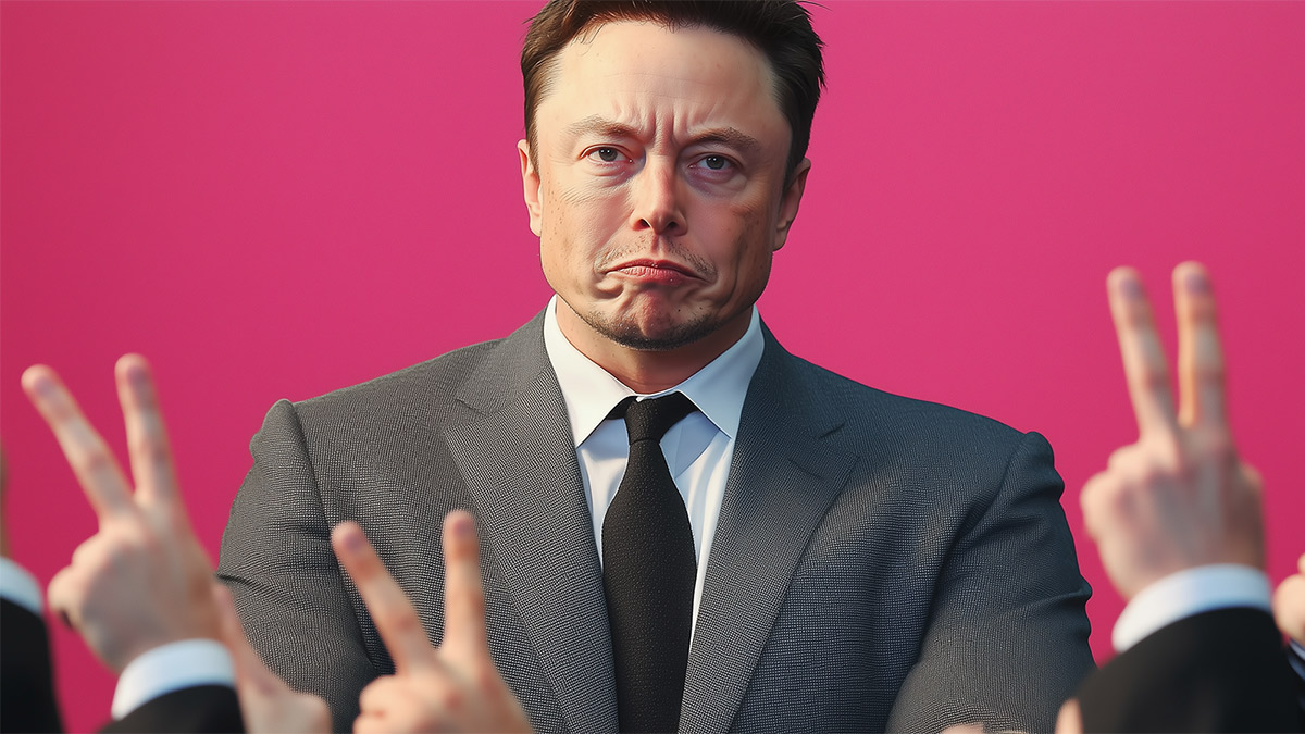 People standing in front of an AI-generated version of Elon Musk, hold up two fingers to remind him how many times they believe he did the Nazi salute during the Trump inauguration speeches.