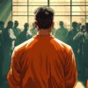 An AI generated image of a behind the back view of alleged killer Luigi Mangione wearing an orange prison jumpsuit inside a prison.