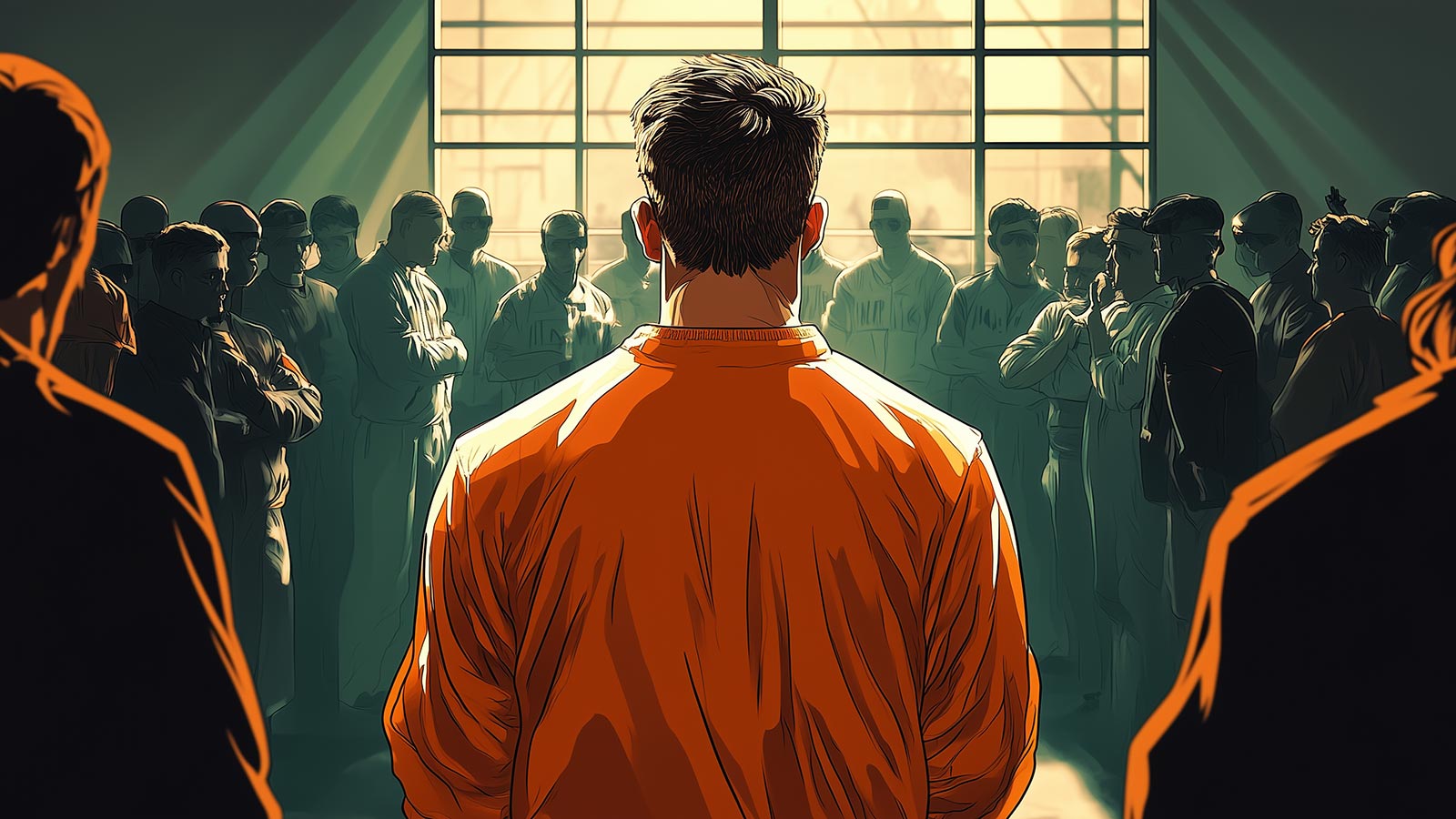 An AI generated image of a behind the back view of alleged killer Luigi Mangione wearing an orange prison jumpsuit inside a prison.
