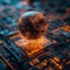 An illuminated earth-like sphere rests on a quantum computer chip.