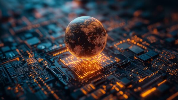An illuminated earth-like sphere rests on a quantum computer chip.