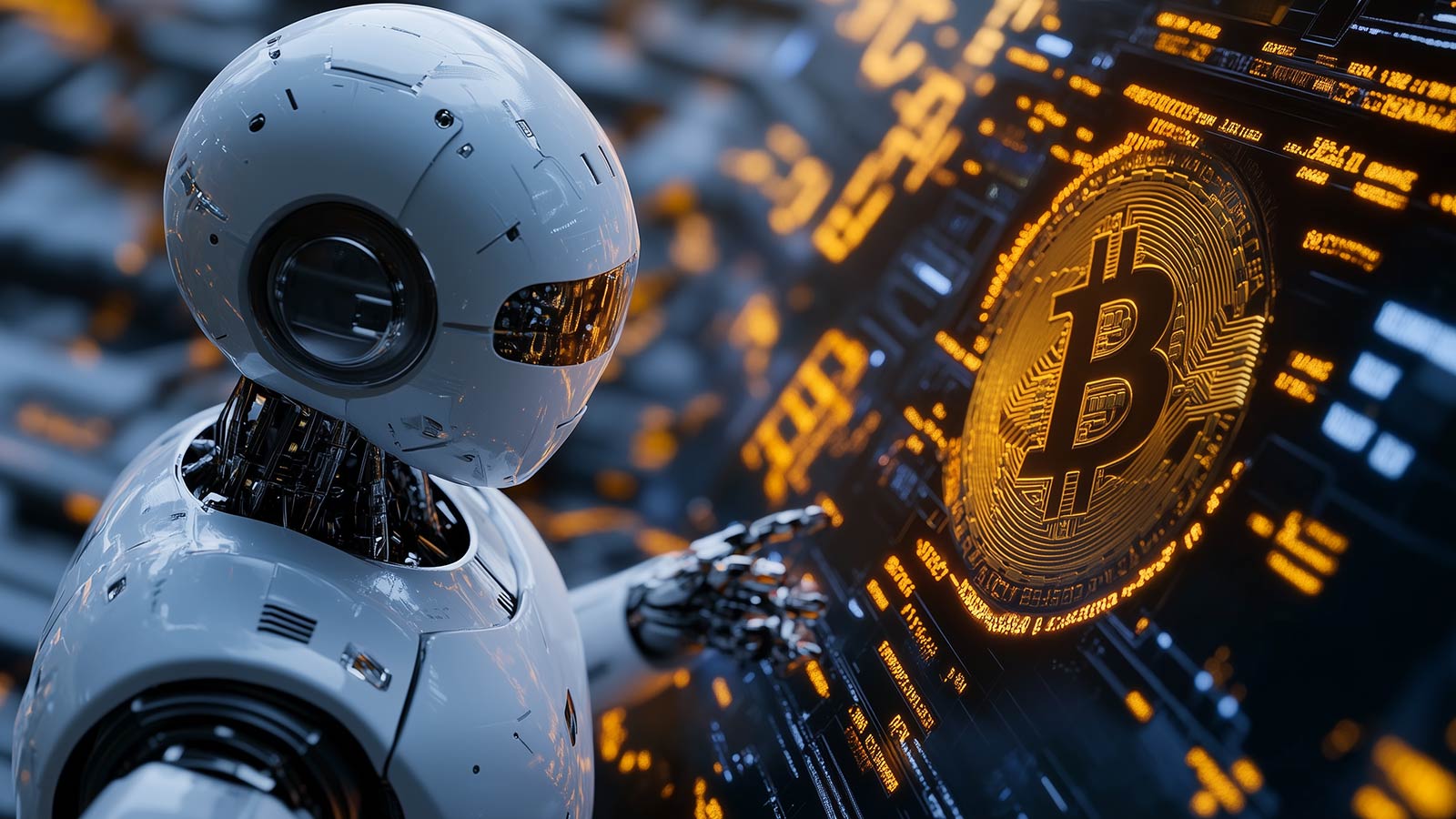 An AI-generated image of a futuristic robot standing in front of a Bitcoin coin to symbolize what tech law will look like in 2025.