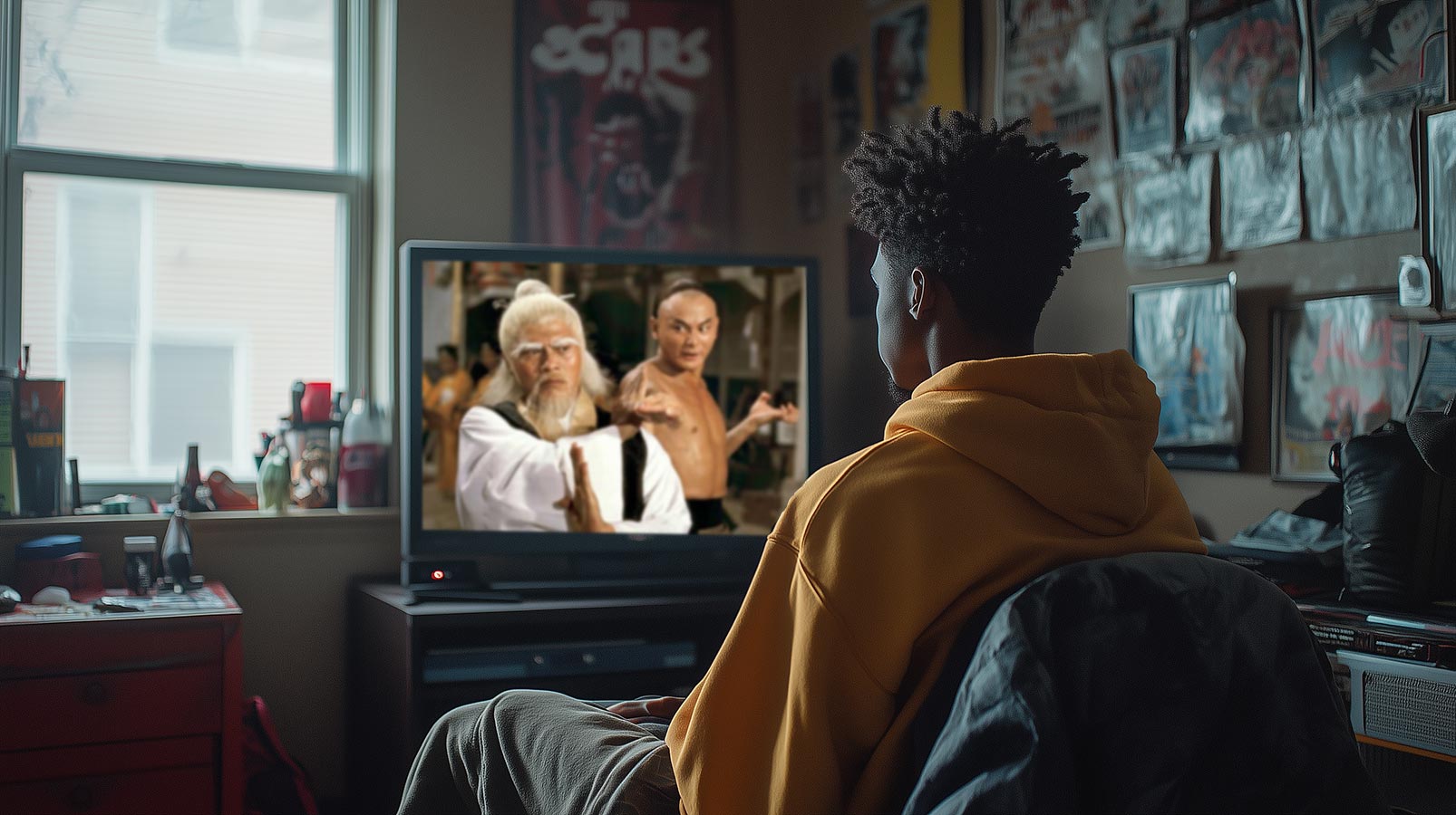 A young man watches TV in his bedroom, with a Kung Fu film playing that has inspired some of the combat imagery in hip-hop.
