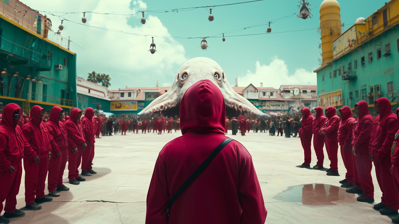 The dark side of capitalism is perfectly captured in Squid Game, pictured here in a reimagined concept design generated by Midjourney.