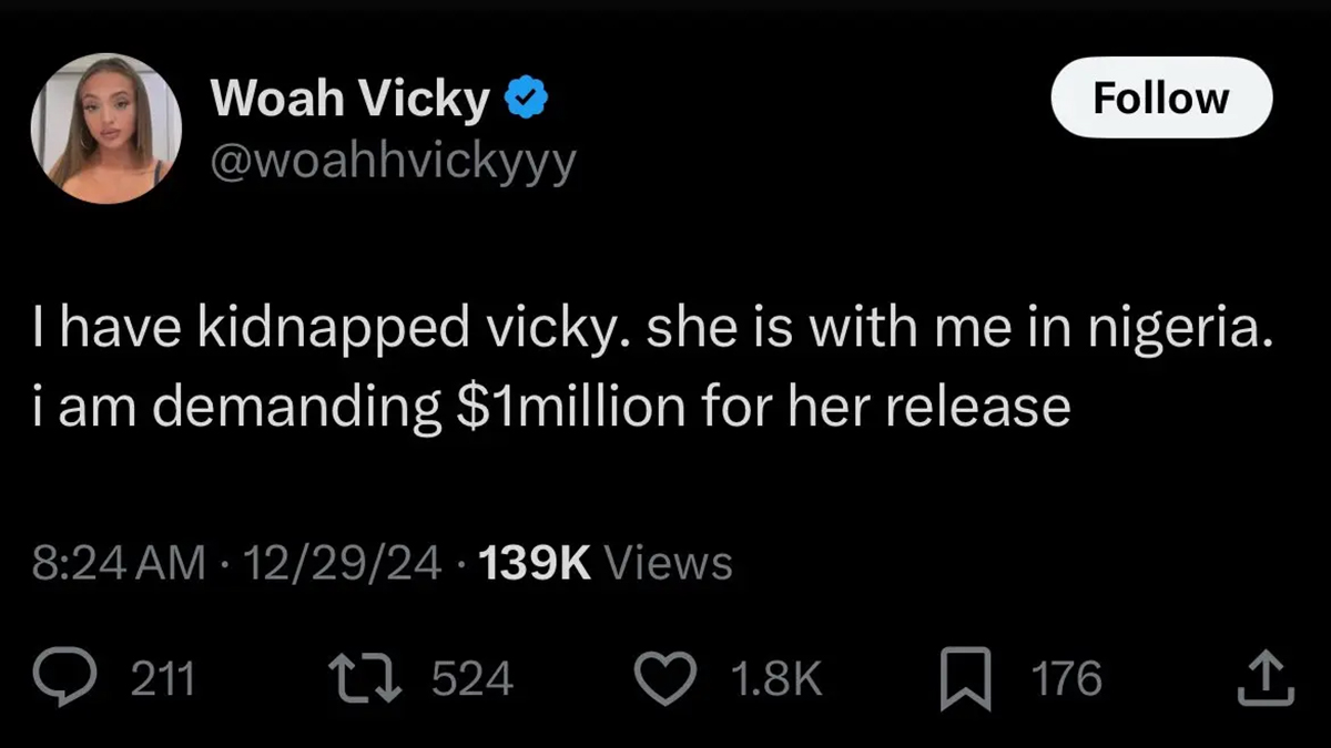 A tweet made by Woah Vicky where she claims to be the victim of a kidnapping.