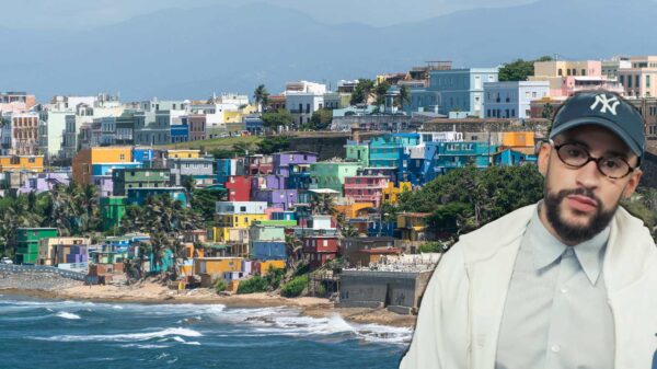 A photo of Bad Bunny overlayed onto a photo of Puerto Rico.