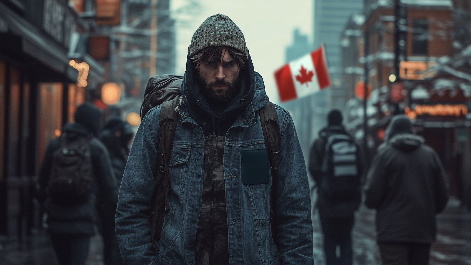 An AI-generated image of a man walking in front of a Canadian flag, to represent support for Canada, and Canadian pride.