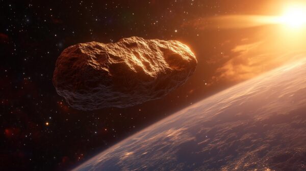 An AI-generated image of an asteroid heading for earth in 2032.