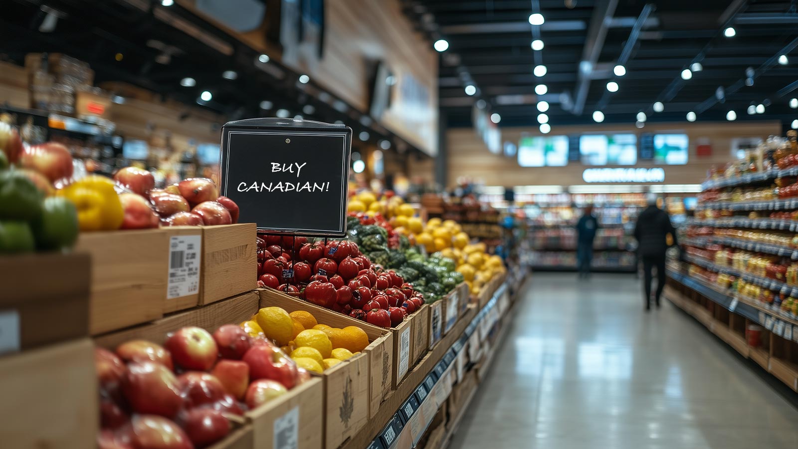 A sign in a grocery store that says 'Buy Canadian,' a call for boycotting U.S. products.