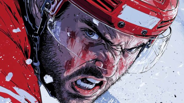 An AI-generated Canadian hockey player to represent the infamous elbows of Gordie Howe.