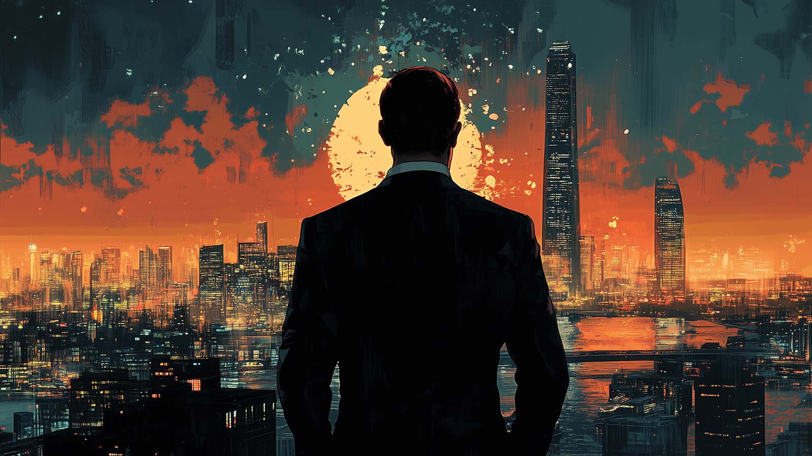 James Bond thinking about the future while looking out at a city skyline.