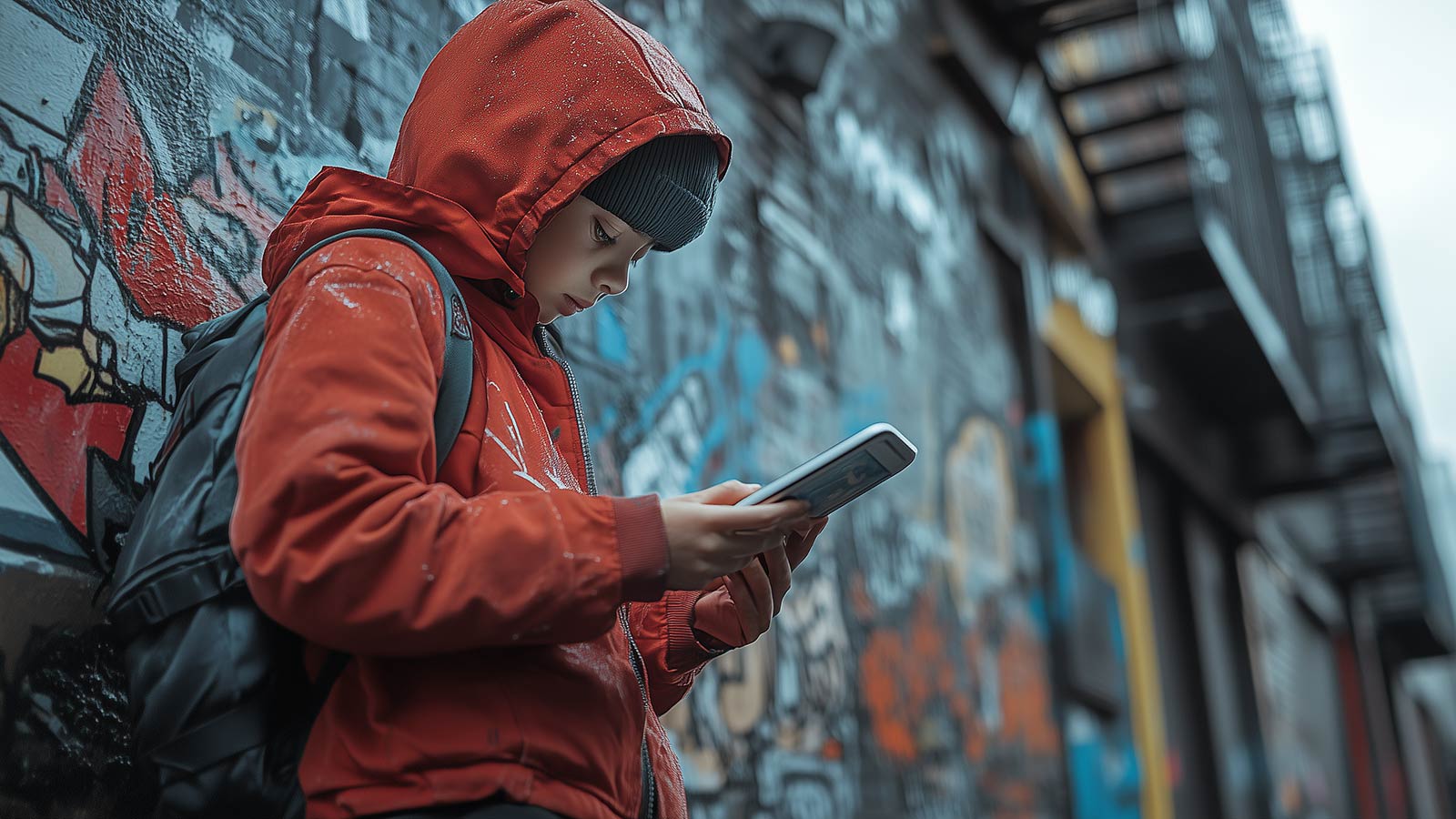 A kid wearing a hoodie using social media on a mobile device.