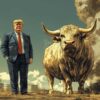 An AI-generated image depicting a golden-haired man in a suit standing beside a powerful bull and a steaming pile of manure, symbolizing his flair for deception and reputation as a 'bullshitter.'