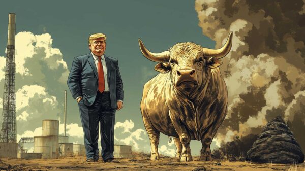 An AI-generated image depicting a golden-haired man in a suit standing beside a powerful bull and a steaming pile of manure, symbolizing his flair for deception and reputation as a 'bullshitter.'