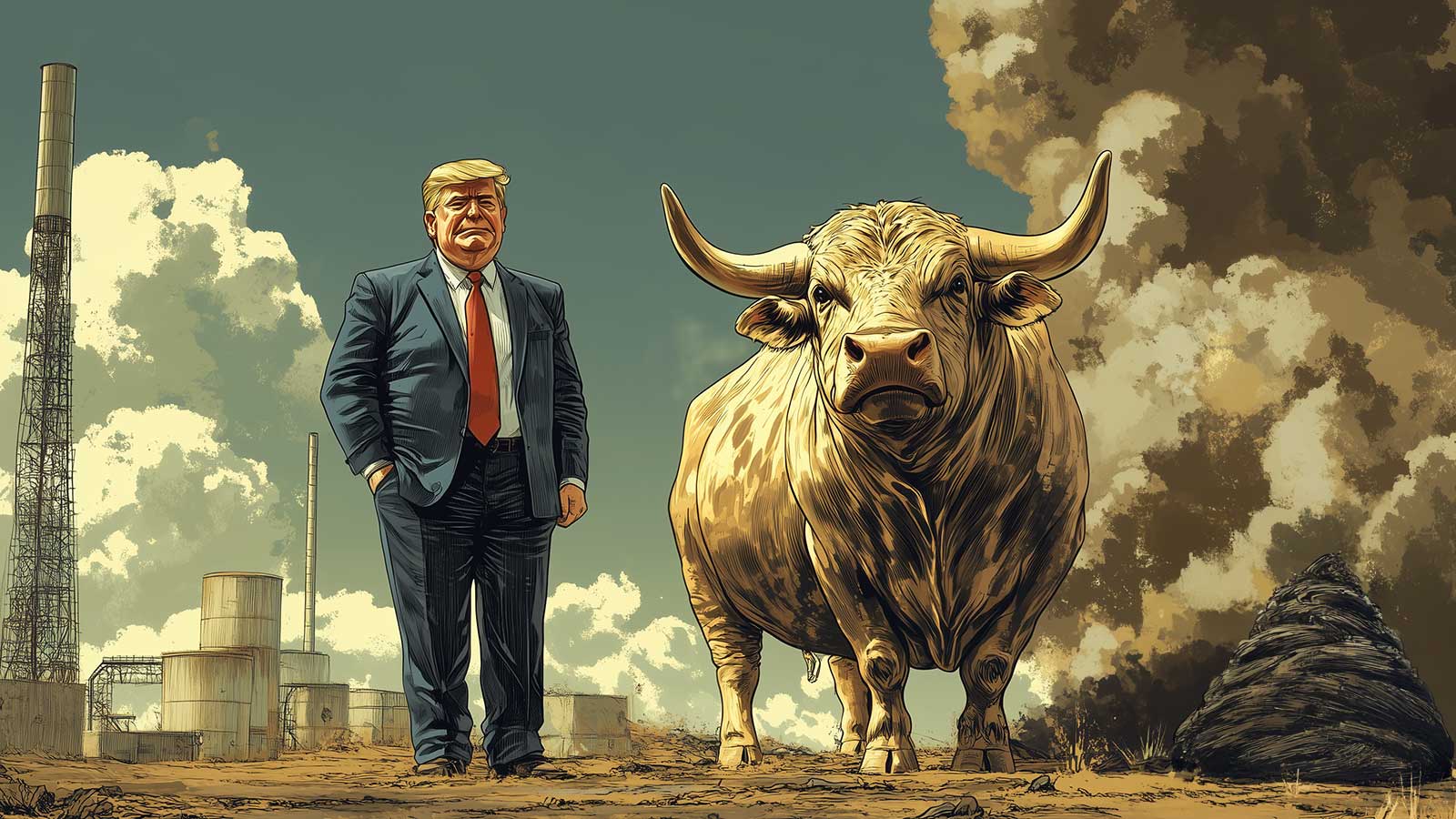 An AI-generated image depicting a golden-haired man in a suit standing beside a powerful bull and a steaming pile of manure, symbolizing his flair for deception and reputation as a 'bullshitter.'