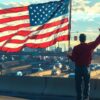 A cartoon image of a man waving an American flag on a highway overpass.