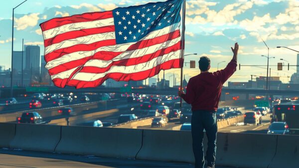 A cartoon image of a man waving an American flag on a highway overpass.