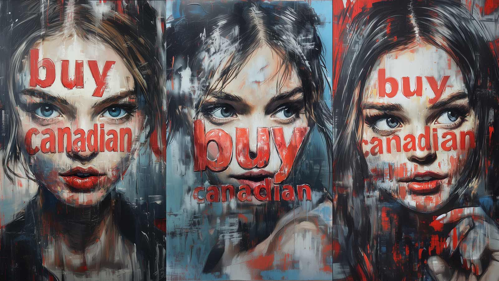 Three faces of US boycotts, with 'Buy Canadian' painted on each face.