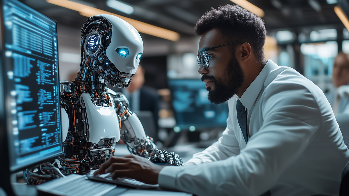 AI Agents assisting a scientist working on a computer.