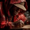 An AI-Generated depiction of a hip-hop artist documenting American history on a old fashion looking paper.