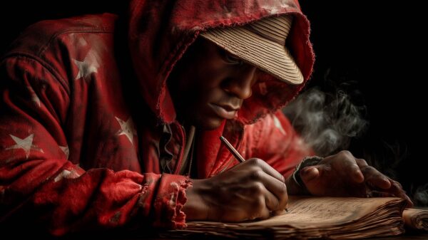 An AI-Generated depiction of a hip-hop artist documenting American history on a old fashion looking paper.