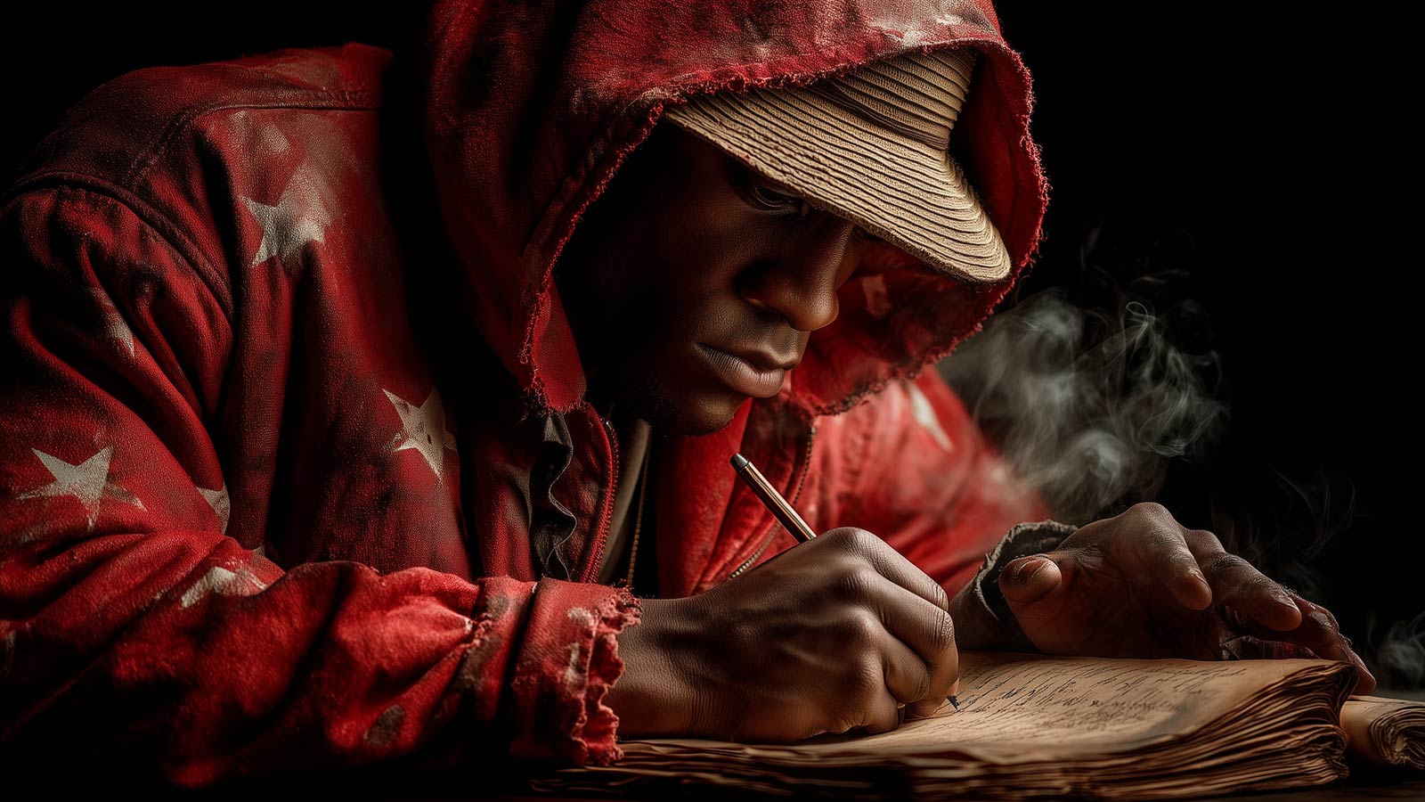An AI-Generated depiction of a hip-hop artist documenting American history on a old fashion looking paper.