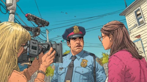 An AI-generated depiction of a criminal investigation being filmed for reality TV.