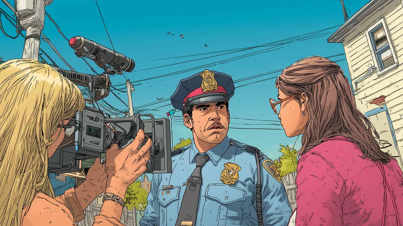 An AI-generated depiction of a criminal investigation being filmed for reality TV.