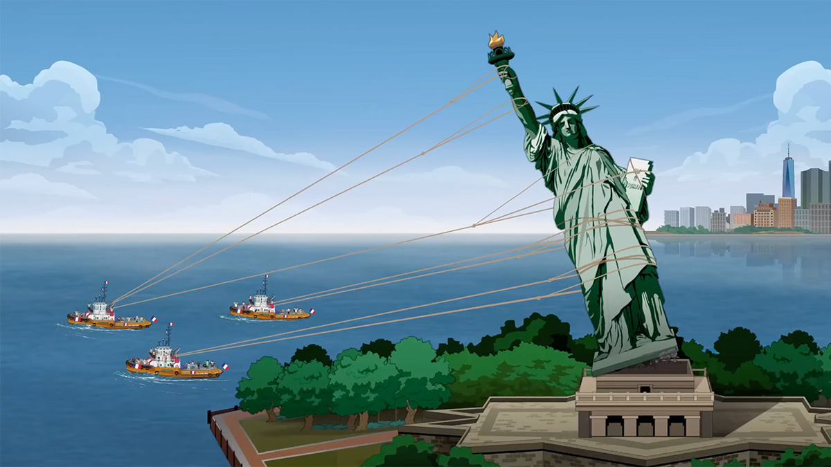 The statue of liberty being pulled down in the trailer for Season 27 of South Park.