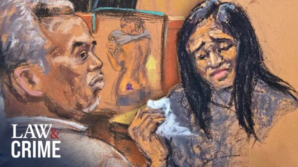 A courtroom sketch of Cassie at the Diddy trial.