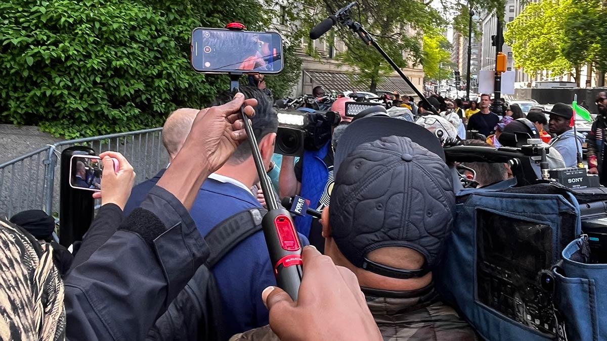 Media commotion outsider a courtroom as Kid Cudi arrives to testify at the Diddy trial.