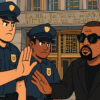 A cartoon-illustration of police blocking Kanye West from entering the Diddy trial.