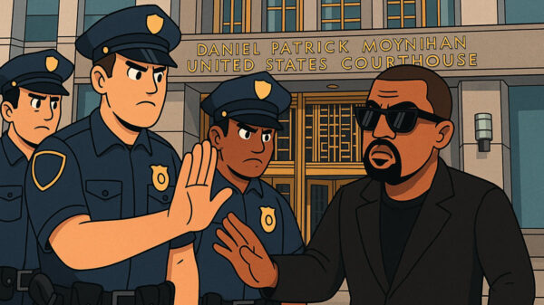 A cartoon-illustration of police blocking Kanye West from entering the Diddy trial.