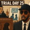 Diddy appears on trial and a large cellphone with 'freak-offs' in a chat bubble on the screen can be seen on a monitor.