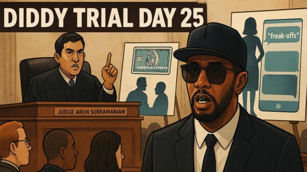 Diddy appears on trial and a large cellphone with 'freak-offs' in a chat bubble on the screen can be seen on a monitor.