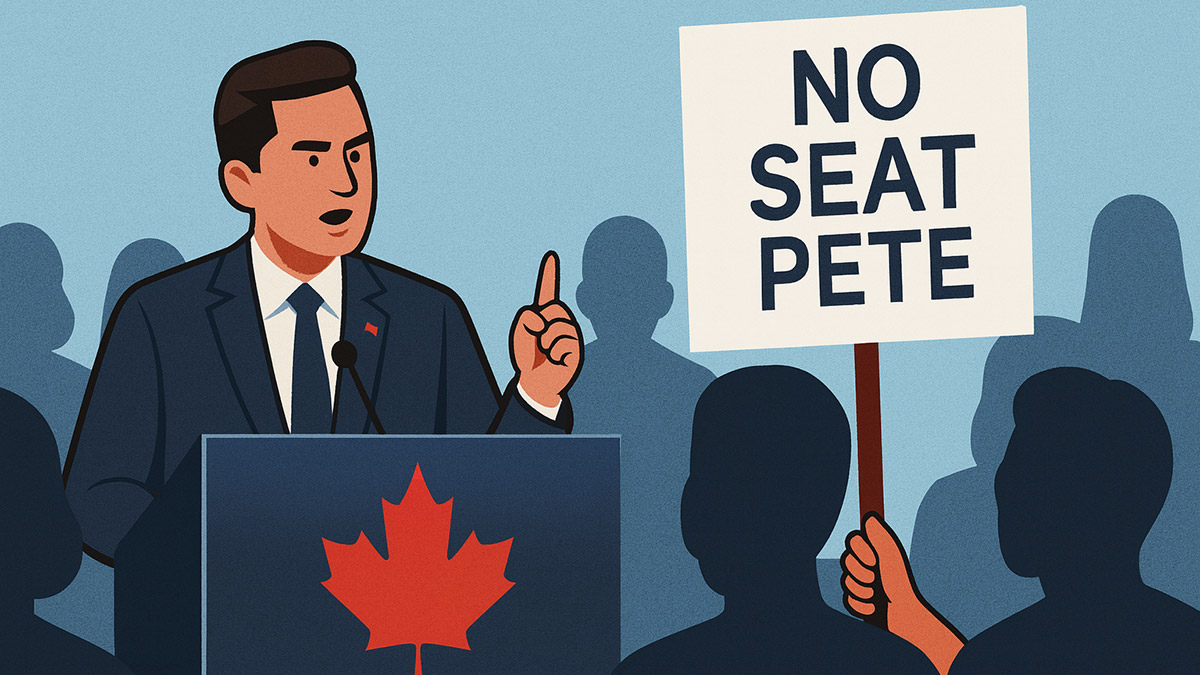 A politician in a blue suit promotiong far-right ideas while standing at a podium with a red maple leaf.