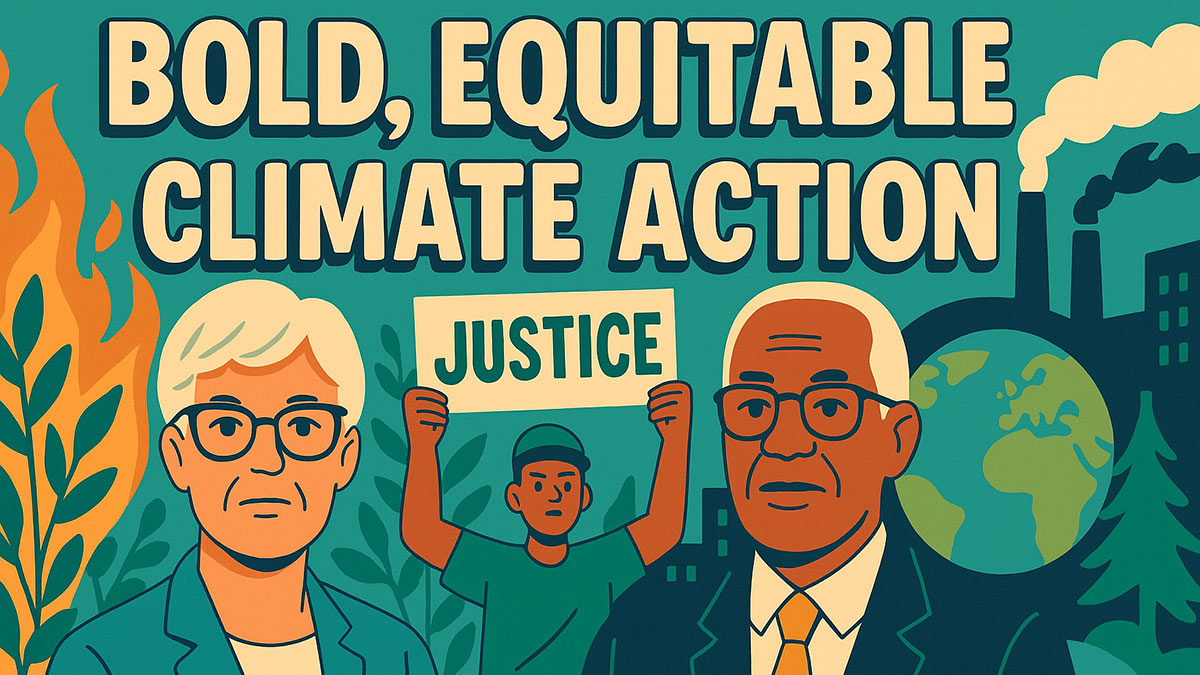 Climate protest illustration with bold 'BOLD, EQUITABLE CLIMATE ACTION' headline showing leaders and protester, referencing G7 2025 climate health issues.
