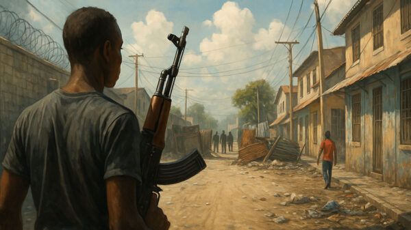 A digital illustration depicting a man holding a weapon while looking down a dirt road, to highlight the ongoing Haiti gang crisis.