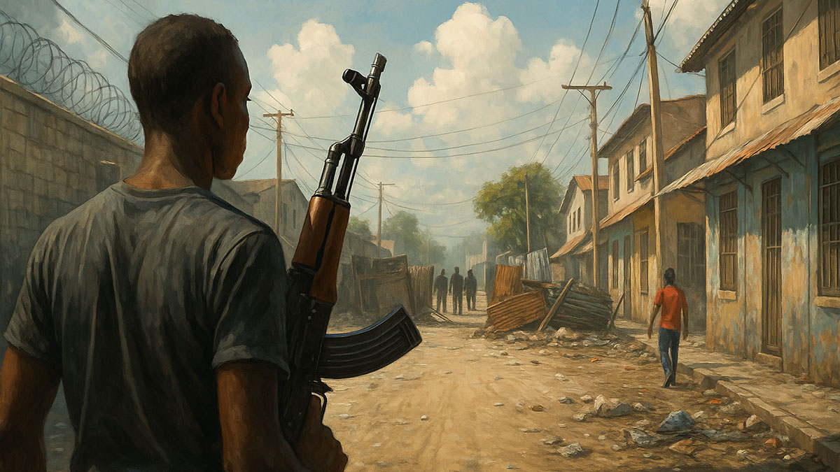 A digital illustration depicting a man holding a weapon while looking down a dirt road, to highlight the ongoing Haiti gang crisis.