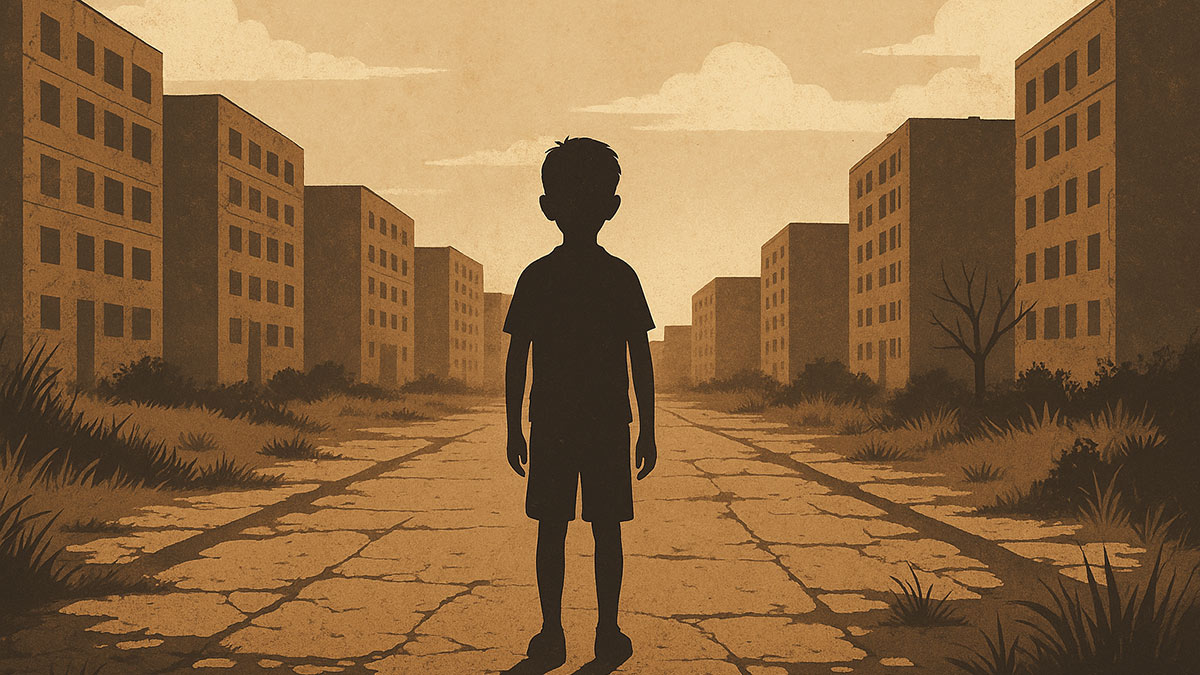 A boy facing a deserted to emphasize the concept of human extinction.