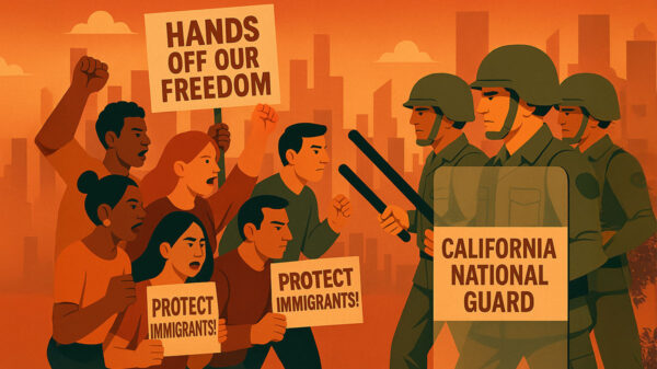 An illustration depicting military forces being deployed to police protests.