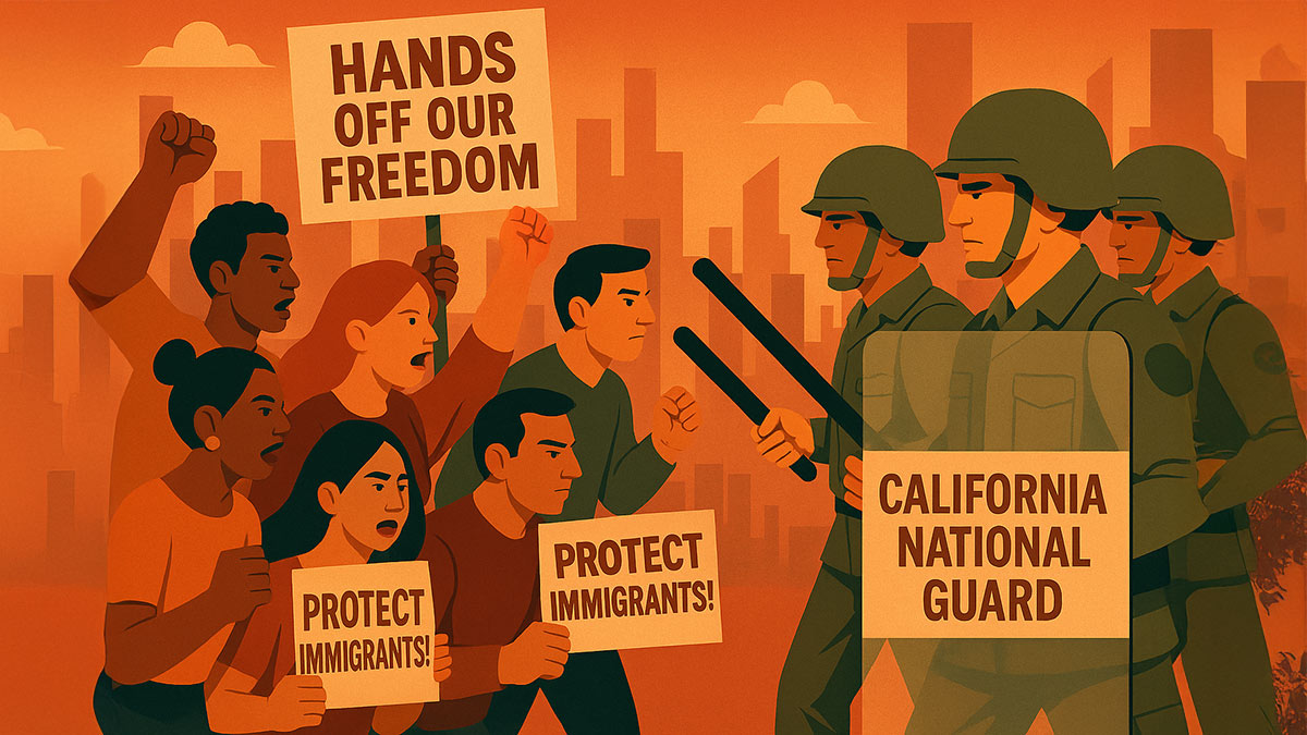 An illustration depicting military forces being deployed to police protests.