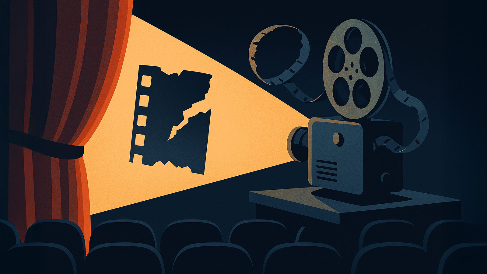 A modern digital illustration of a film projector casting light into a darkened theatre, with symbolic elements like a torn film reel or closed curtain, representing censorship or cancellations of Canadian festivals.