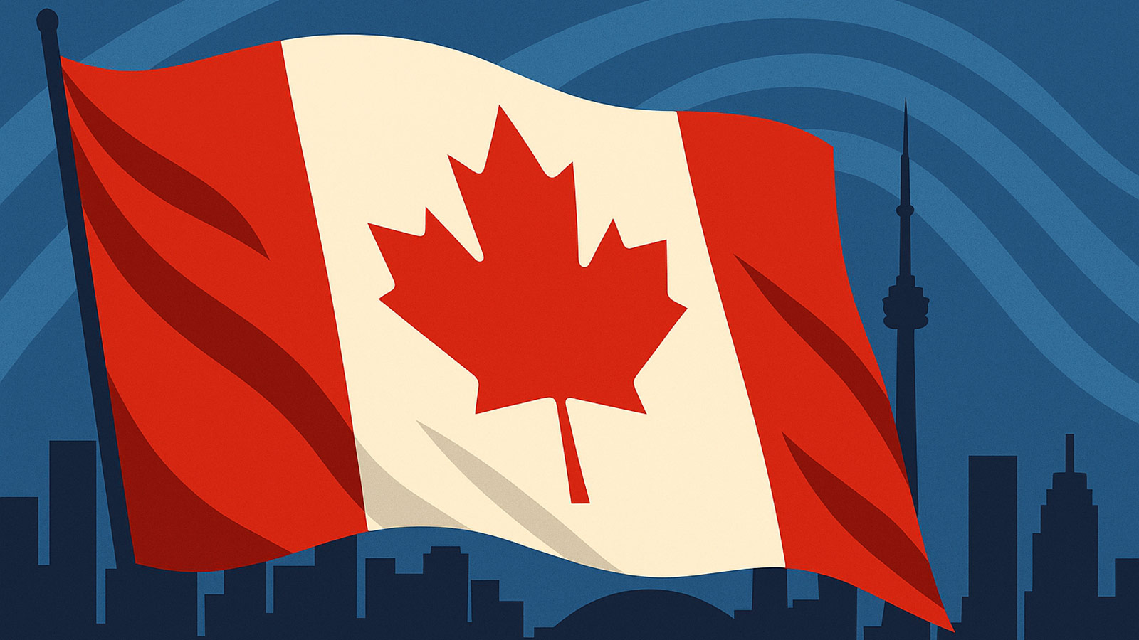 The flag of Canada, waving over the Toronto skyline, to represent Canadian nationalism.