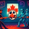 Digital illustration of the Canadian Content Debate, showing creators and AI pulling on a maple leaf film reel in a tug-of-war over storytelling.