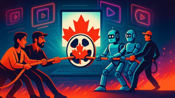 Digital illustration of the Canadian Content Debate, showing creators and AI pulling on a maple leaf film reel in a tug-of-war over storytelling.