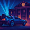 A DeLorean facing a clock tower, to honour 40 years since the release of Back to the Future.