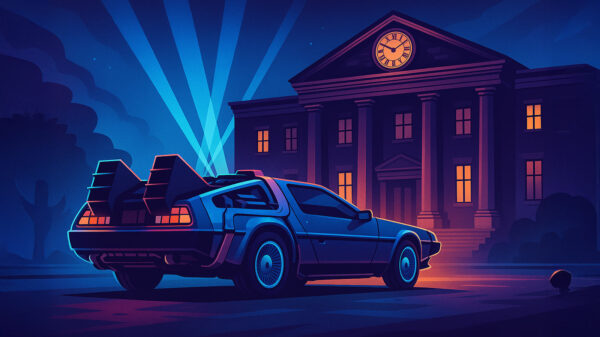 A DeLorean facing a clock tower, to honour 40 years since the release of Back to the Future.