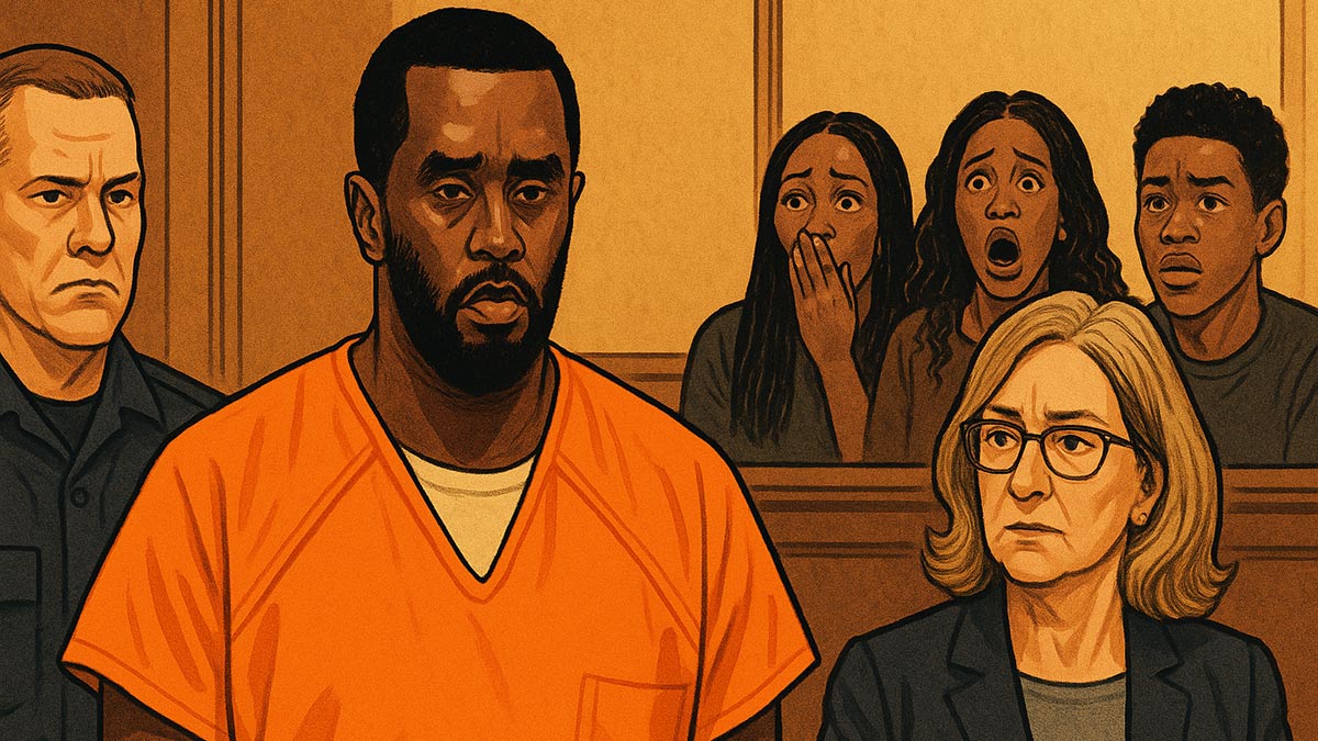 A digital illustration of Diddy in a bail hearing during his federal trial.